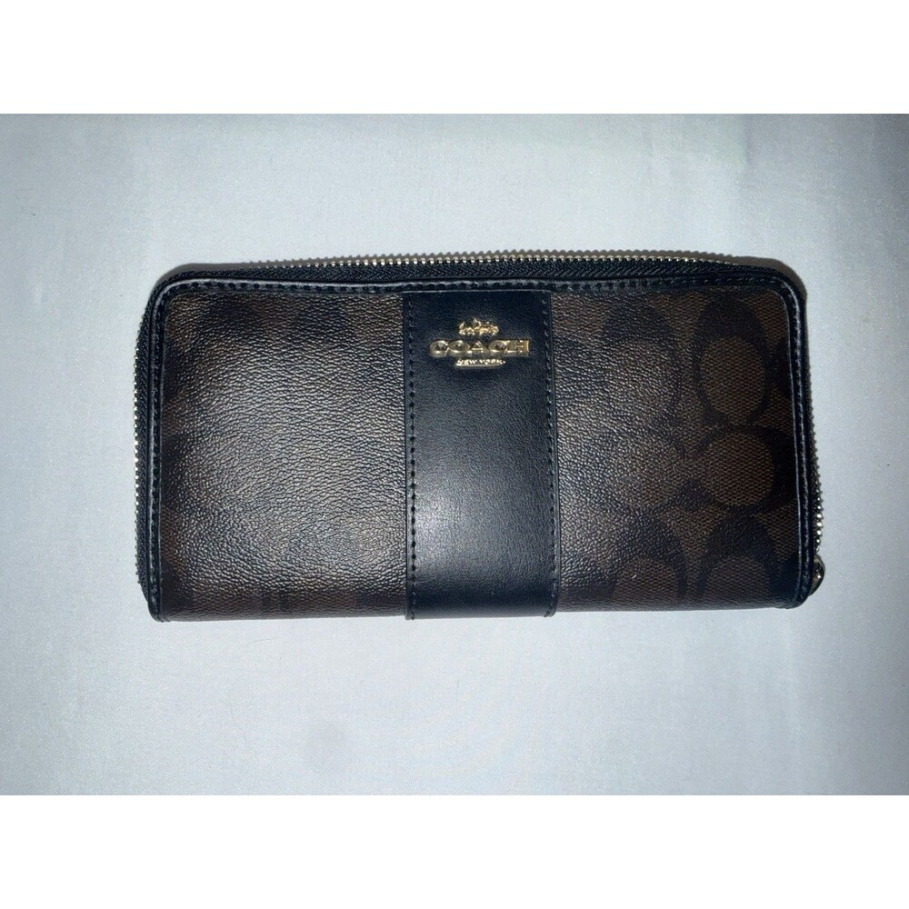 Coach F54630 Signature Brown Black Accordion Zip Around Wallet Gold Hardware